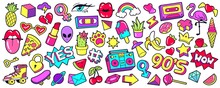 Retro 90s Patches. Cartoon Mouth Lips, Ice Cream, Rainbow, Cherry And Banana Stickers, Nineties Pop Badges And Trendy 1990s Sneakers Vector Illustration Set. Colorful Icons And Pins In Comic Style.