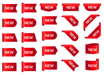 Wall Mural - new labels. promotion red curved paper tapes, new price tag. shopping, newest product red ribbon ban