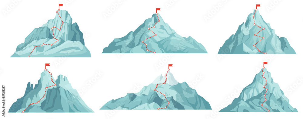 Route to mountain peak. Climbing to mountains with red flag on top. Progress infographics, success business, vision concepts. Career growth or development cartoon vector illustration. - obrazy, fototapety, plakaty 