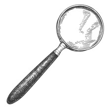 Engraved Magnifying Glass. Retro Magnifier Sketch, Vintage Detective Search Equipment And Hand Drawn Loupe. Optical Instrument Or Tool With Glass Lens Isolated On White Background Vector Illustration.
