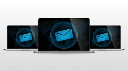 Poster - Digital world laptop device with email message. Realistic laptop monitor with Mail symbol in screen and light gradient background.