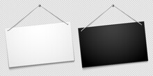 White And Black Shop Door Signboards Hanging On Nail Isolated On Transparent Background. Empty Or Blank Sign For Store, Restaurant Or Cafe. Icon For Text Flat Cartoon Vector Illustration.