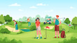People playing golf. Golfers couple with golf clubs on green grass, bags with professional equipment and driving cart, sport game outdoor concept. Summer hobby and recreation vector illustration.