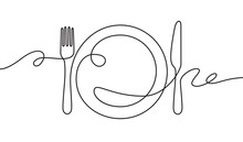 Line Fork, Knife And Plate. Continuous One Line Drawing Cutlery, Cooking Utensils. Hand Drawn Dishware For Restaurant Logo Or Menu Cover In Linear Style Art Concept Vector Illustration.