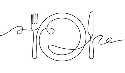 line fork, knife and plate. continuous one line drawing cutlery, cooking utensils. hand drawn dishwa