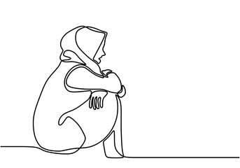 Wall Mural - Sad and lonely woman. Muslim girl sitting alone, holding her knee with an empty view. Expression very desperate and anxiety. Seen harboring a lot of sadness. Continuous hand drawn sketch design