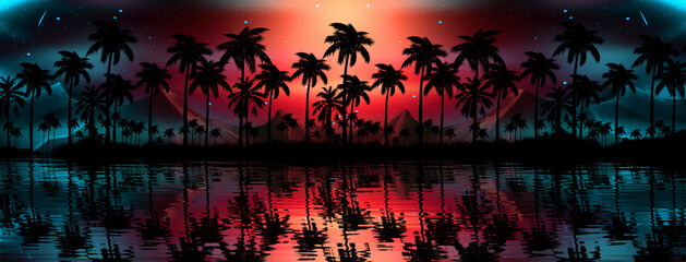 Wall Mural - Night landscape with palm trees, against the backdrop of a neon sunset, stars. Silhouette coconut palm trees on beach at sunset. Vintage tone. Futuristic landscape. Neon palm tree. Tropical sunset.