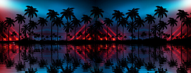 Wall Mural - night landscape with palm trees, against the backdrop of a neon sunset, stars. silhouette coconut pa