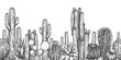 Hand drawn cactuses. Sketch cartoon succulent agave, saguaro and prickly leaved pear with . Desert or drought plants, botanical horizontal seamless pattern engraving vector illustration.