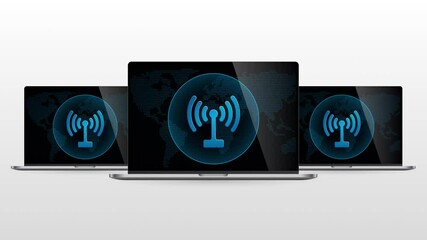 Wall Mural - Digital world laptop device with wireless connection. Realistic laptop monitor with Signal symbol in screen and light gradient background.