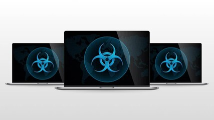 Wall Mural - Digital world laptop device with virus attack. Realistic laptop monitor with Virus symbol in screen and light gradient background.