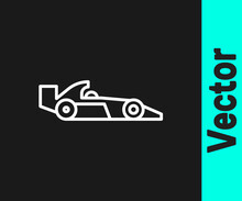 White Line Formula 1 Racing Car Icon Isolated On Black Background. Vector Illustration.
