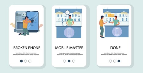 Phone repair mobile app onboarding screens vector template