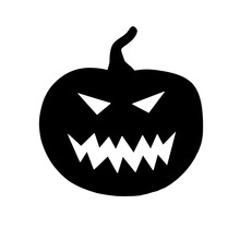 Pumpkin Silhouette For Halloween. Black Sinister Pumpkin On A White Background. Pumpkin With An Evil Face. High Quality Photo