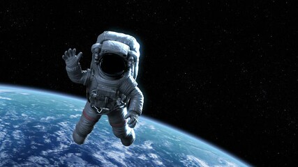 astronaut waving in earth orbit. beautiful high detailed 3d animation, ultra hd 4k 3840x2160