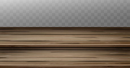 Vintage step tabletop, old junk wooden brown countertop with aged two-tier surface. Retro wood dining table, plank texture. Empty desk isolated on transparent background, realistic 3d vector mock up