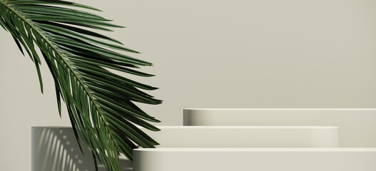 Minimal cosmetic background for product presentation. Cosmetic bottle podium and green palm leaf on grey color background. 3d render illustration. Object isolate clipping path included.