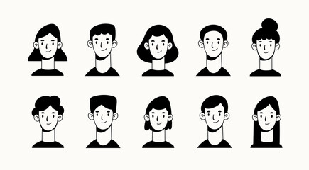 Wall Mural - Heads and necks of boys and girls. Various haircuts. Young men and women. Black and white People avatars. Hand drawn set of Vector Icons. Cartoon style, flat design. All elements are isolated