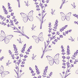 Vintage seamless pattern with lavender flowers and butterflies.