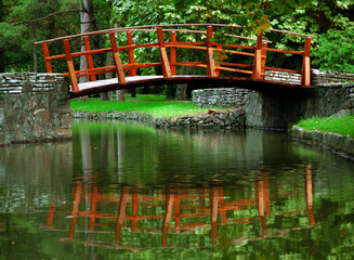 Reflection in the water of an old wooden bridge in the park