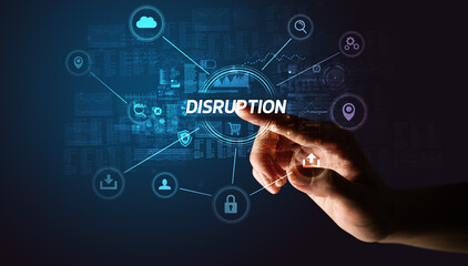 Hand touching DISRUPTION inscription, Cybersecurity concept