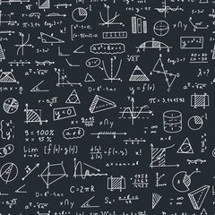 Mathematics, geometry background seamless pattern. Hand drawn. Geometric shapes on a chalk board background. White on black.