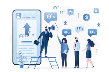 Referral program concept. Promotion campaign, influencer and target marketing,mobile advertising. Businessman
