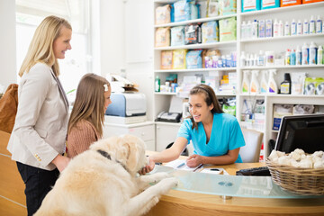 Receptionist greeting dog in vet's surgery