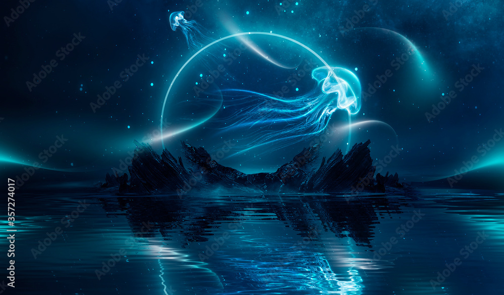 Modern futuristic fantasy night landscape with abstract islands and night sky with space galaxies. Multicolor neon glow. Reflection of light in water, stars. Empty scene, landscape. - obrazy, fototapety, plakaty 