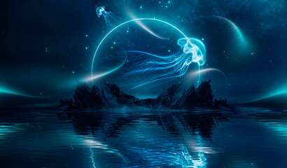 Wall Mural - modern futuristic fantasy night landscape with abstract islands and night sky with space galaxies. m