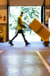 © Paul Bradbury/KOTO - Blurred view of worker carting boxes in warehouse