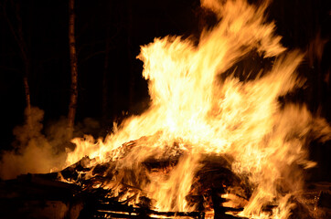 massive wood fire in winter night