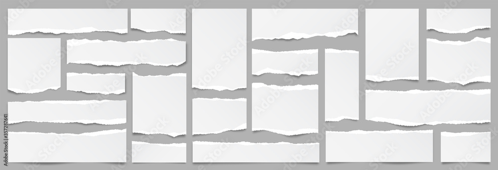 White ripped paper strips collection. Realistic paper scraps with torn edges. Sticky notes, shreds of notebook pages. Vector illustration. - obrazy, fototapety, plakaty 