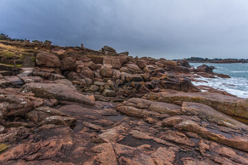 Perros Guirec, Ploumanac'h Lighthouse, Mean Ruz, la Manche, rocks and waves