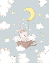 Cute Bunny Girl With The Wreath On The Head Take Baths In A Cup. Moon, Foam And Clouds On The Background. Can Be Used For Baby T-shirt, Fashion Print Design, Kids Wear, Baby Shower, Greeting Card.