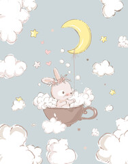 Wall Mural - Cute bunny girl with the wreath on the head take baths in a cup. Moon, foam and clouds on the background. Can be used for baby t-shirt, fashion print design, kids wear, baby shower, greeting card.