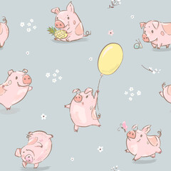 Wall Mural - Seamless pattern with pink pigs. Seamless pattern of doodle, for wrapping paper, cloth, background