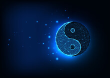 Futuristic Glowing Low Polygonal Yin Yang Symbol Isolated On Dark Blue Space Background.