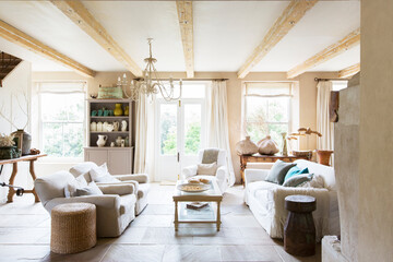 Sofas and coffee table in rustic living room