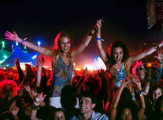 Cheering women on mens shoulders at music festival