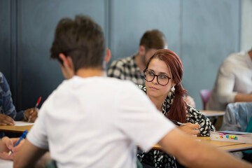 Wall Mural - University students taking notes during seminar