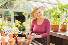 Portrait Smiling Senior Woman Potting Plants In Greenhouse