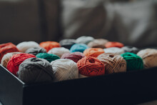 Box Of Different Skeins Of Amigurumi Cotton Yarn, Selective Shallow Focus.