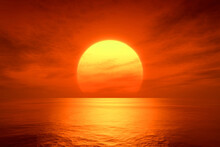 Light Sunset Orange Sun Calm Orange Sea With Sun Through Nature Horizon Over The Water With A Cloudy Sky.