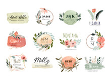 Premade Logo With Peach Green Floral And Brush Stroke Watercolor Collection