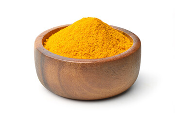 Wall Mural - Finely dry Turmeric (Curcuma longa Linn) powder in wooden bowl isolated on white background. Clipping path.