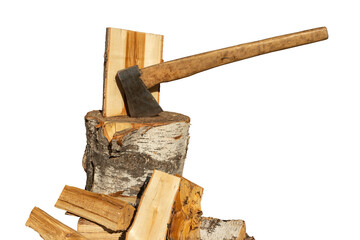 Cleaved birch firewood and an ax in a birch chopping block isolated on a white background.