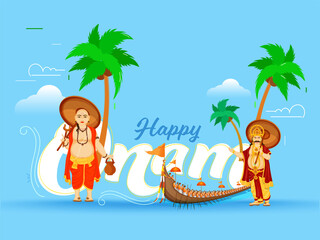 Canvas Print - Happy Onam Font with King Mahabali, Vamana Avatar, Coconut Trees and Aranmula Boat Race on Glossy Blue Background.