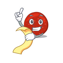 Sticker - Peperoni mascot character style with a menu on his hand