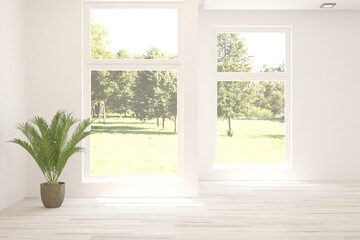 White empty room with summer landscape in window. Scandinavian interior design. 3D illustration